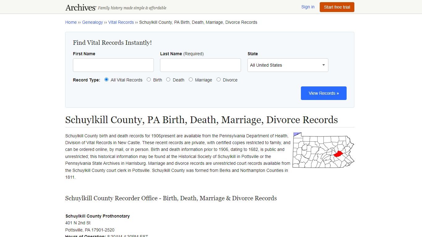 Schuylkill County, PA Birth, Death, Marriage, Divorce Records